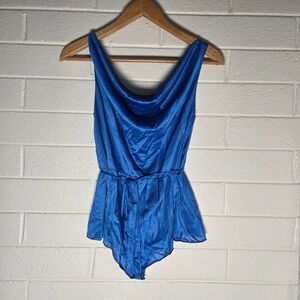 Vtg UndercoverWear Cobalt Satin Nylon Teddy Bodysuit Medium Cowl Intimates‎